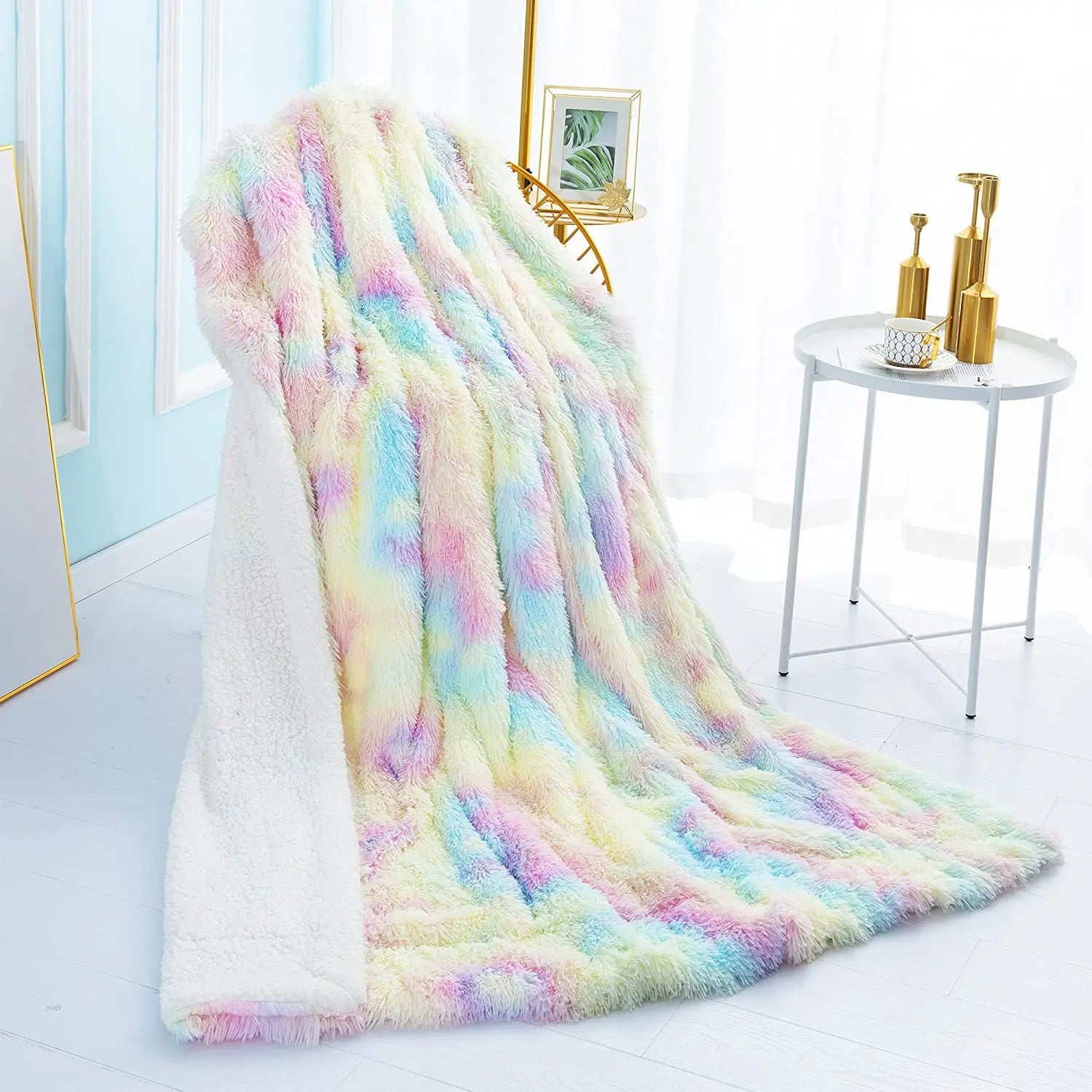 Soft Fuzzy Rainbow Blanket For Kids