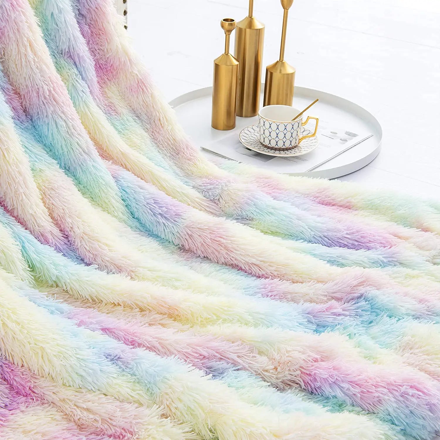 Soft Fuzzy Rainbow Blanket For Kids