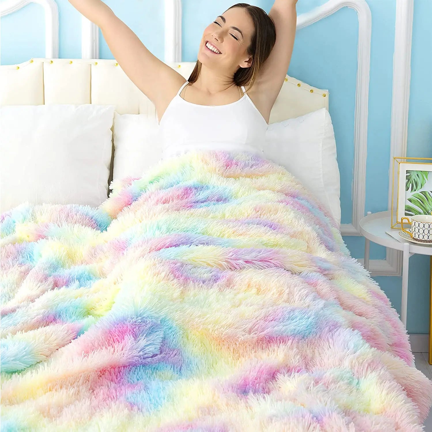 Soft Fuzzy Rainbow Blanket For Kids