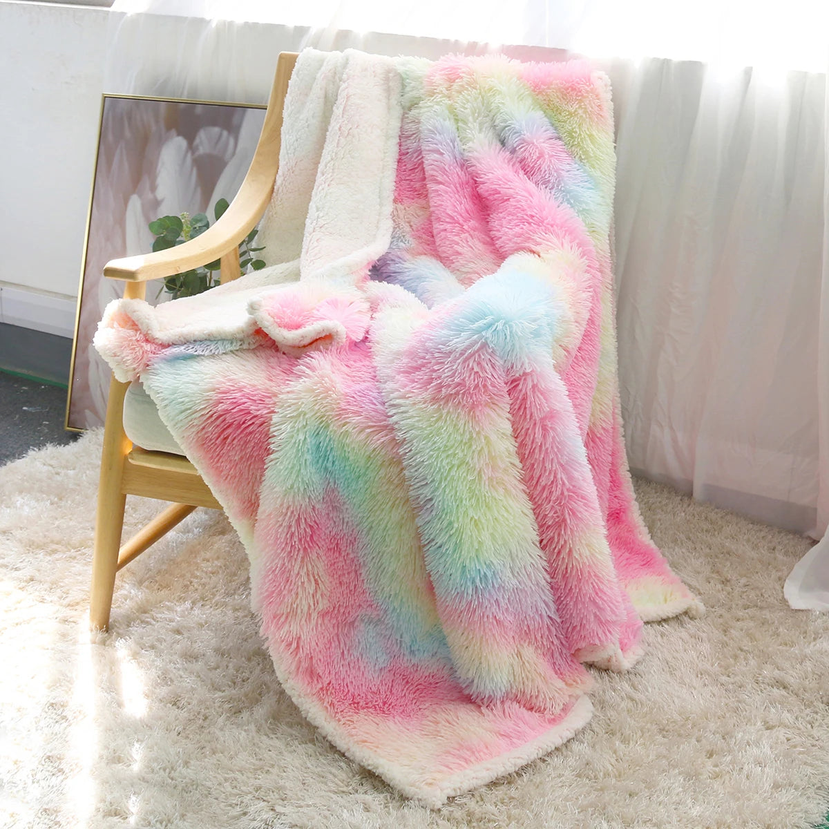 Rainbow Shaggy Blanket Plush Faux Fur Blanket for Kids