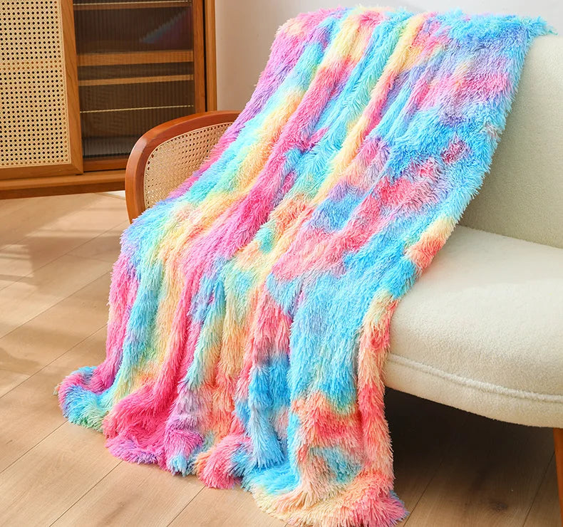 Sofa Throw Tie-dyed Furry Rainbow Blankets