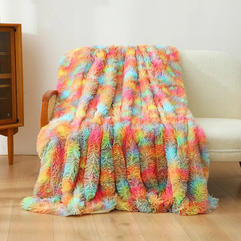 Sofa Throw Tie-dyed Furry Rainbow Blankets