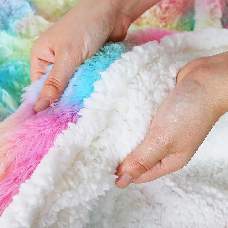Soft Rainbow Plush Faux Fur Throws Bed Blankets