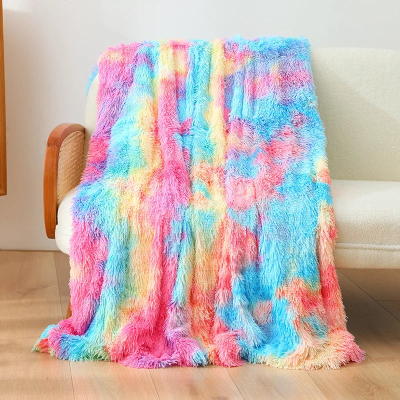 Sofa Throw Tie-dyed Furry Rainbow Blankets