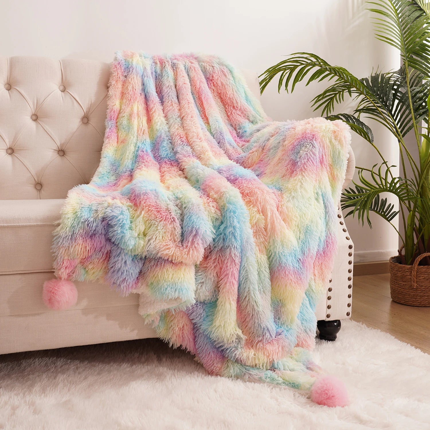 Rainbow Fluffy plush blanket Bedspread