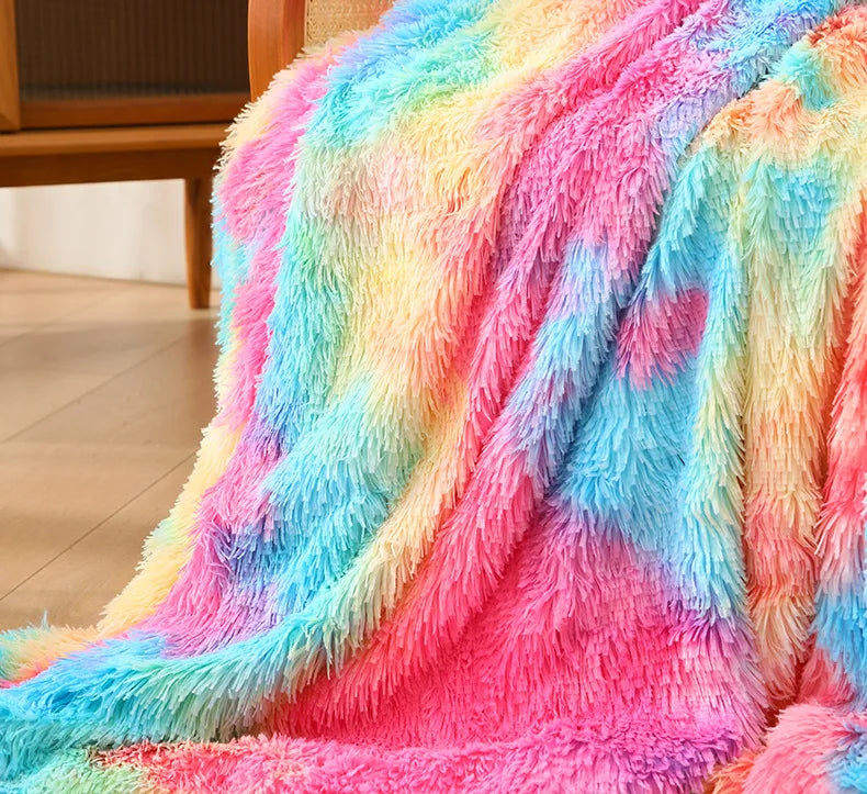 Sofa Throw Tie-dyed Furry Rainbow Blankets
