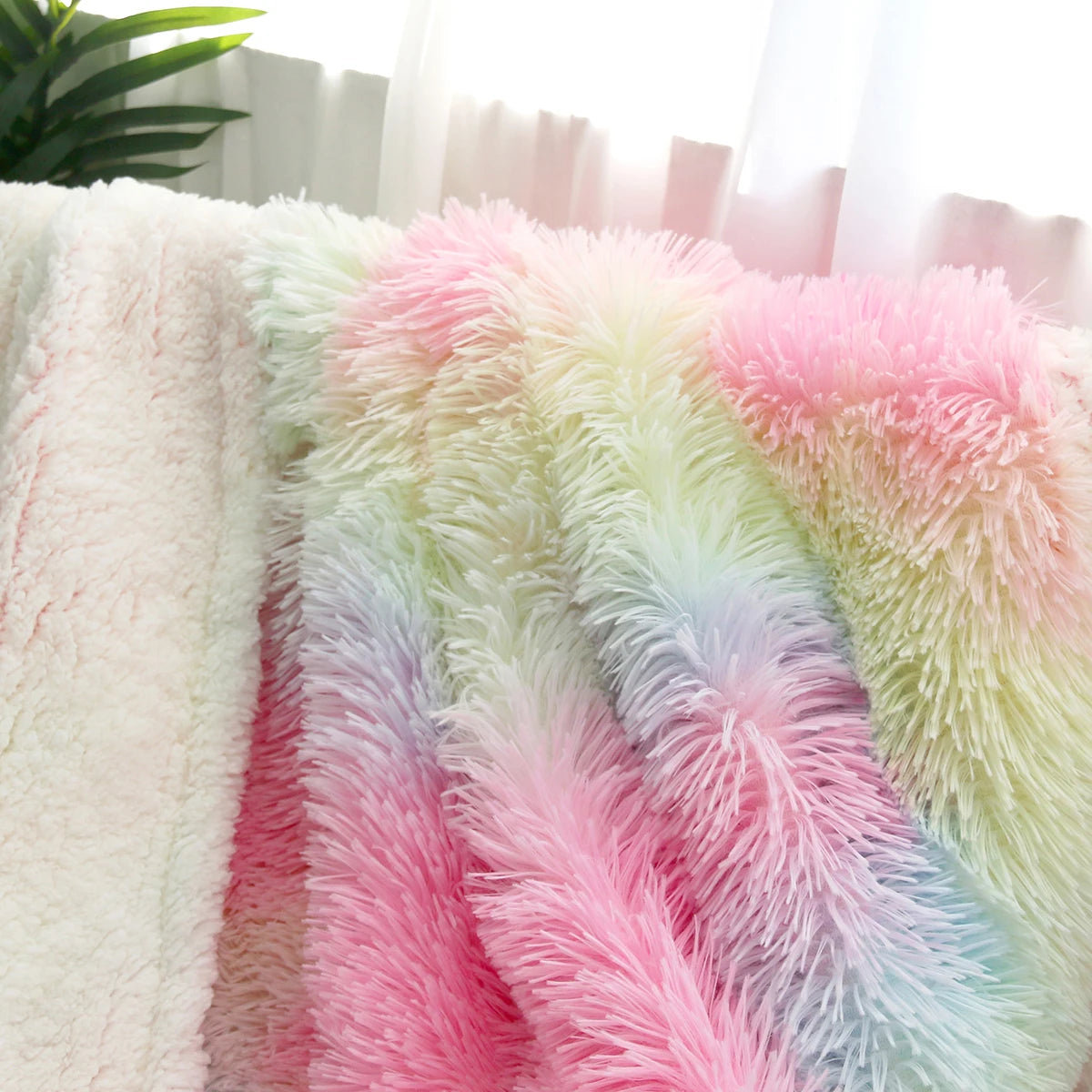 Rainbow Shaggy Blanket Plush Faux Fur Blanket for Kids